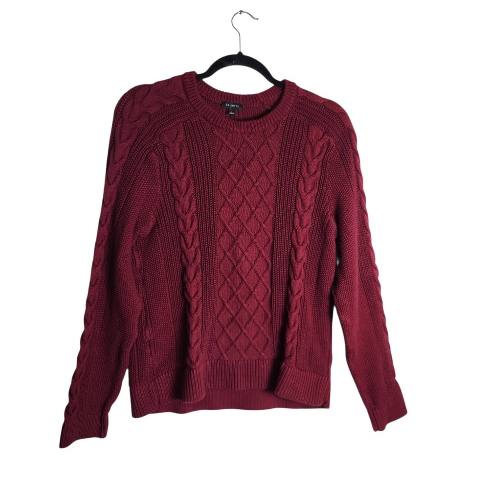 Talbots Womens Burgundy Red Cable Knit Cotton Crewneck Sweater Large KH5348